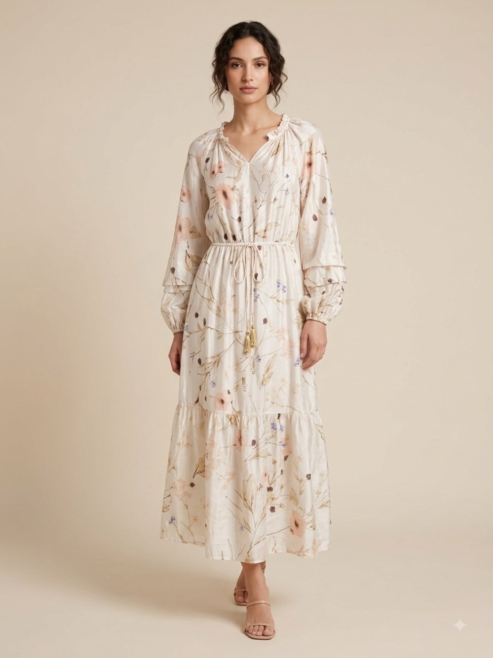 H&M Cream Floral Long Sleeve Tiered Maxi Dress